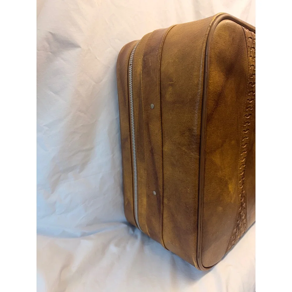 Vintage 1978 American Tourister Tan Faux Leather Suitcase Embossed Basketweave